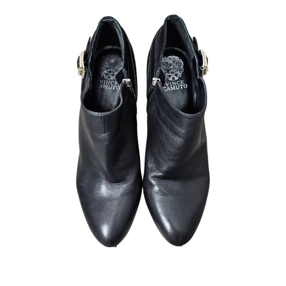 Vince Camuto Vayda Leather & Suede Buckle Black Bootie Heel Ankle Boot - Picture 6 of 13